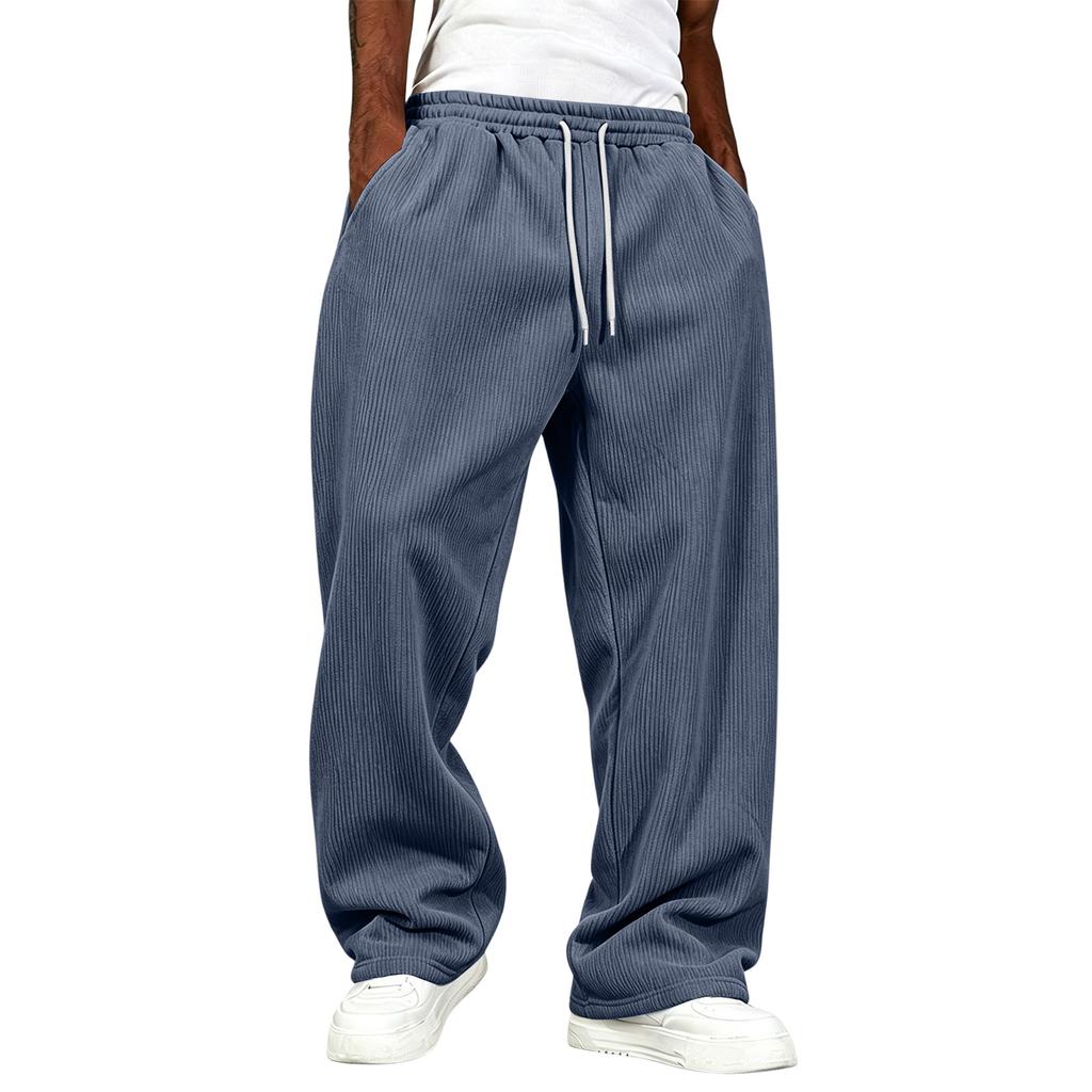 Men's Corduroy Wide Leg Pants with Pockets High Waist Loose Fit Casual Trousers