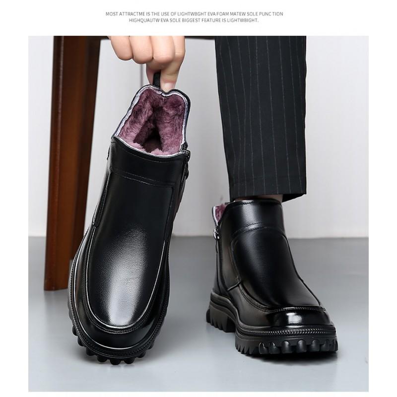 Mens Winter Warm Leather Slip-On Boots With Real Sheepskin Lining Thick Sole Casual High-Top Cold Weather