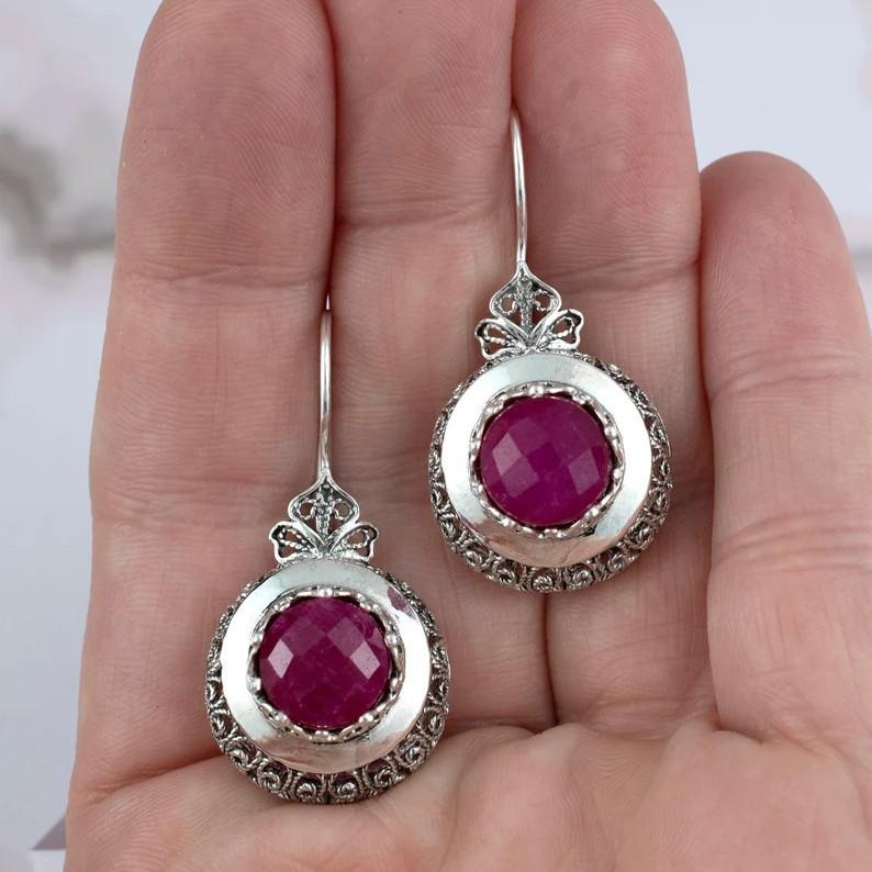 Винтажные круглые серьги с инкрустацией красным камнем, геометрические, креативные, серебристого цвета, серьги-подвески для женщин, ювелирные изделия