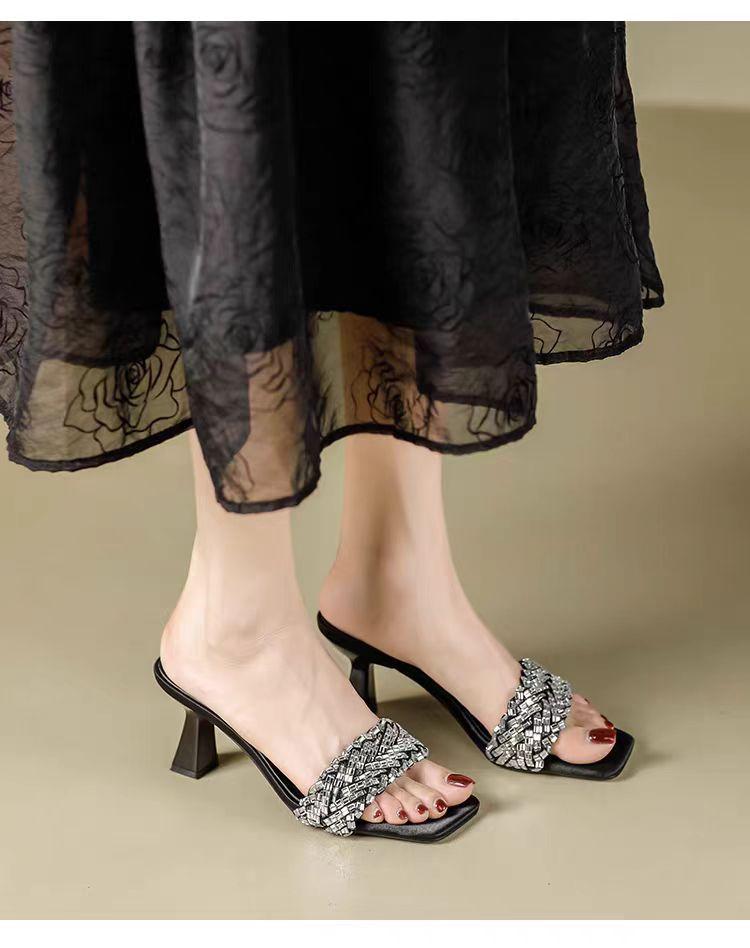 Summer New Rhinestones with Sandals Women's Summer Thick Heel Outer Wear Casual Daily High Heels