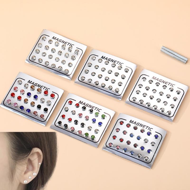Magnetic Fake Earring Studs No Piercing Round Classic Crystal 4/5/6MM for Business Casual Occasion Wear