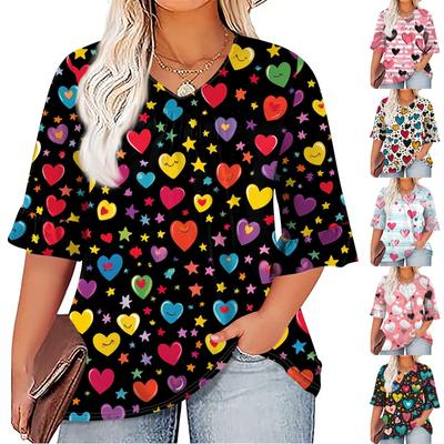 Women's Fashion Casual  Printed V-Neck Pleated Seven Minute Sleeve Ruffle Sleeve T-Shirt Plus Size Tops