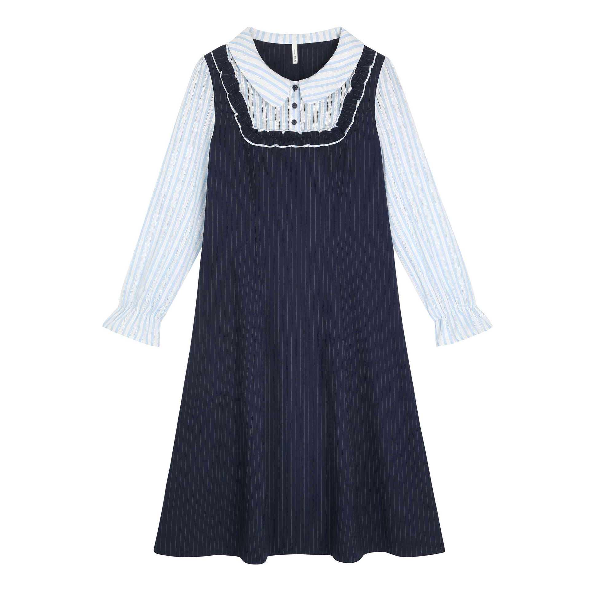 

Striped Collar Design Dress: Fresh, Age-Reducing, Plus Size, Loose Fit, Slimming Skirt - Women s Fashion 2XL (Recommended 70-80kg) темно-синий