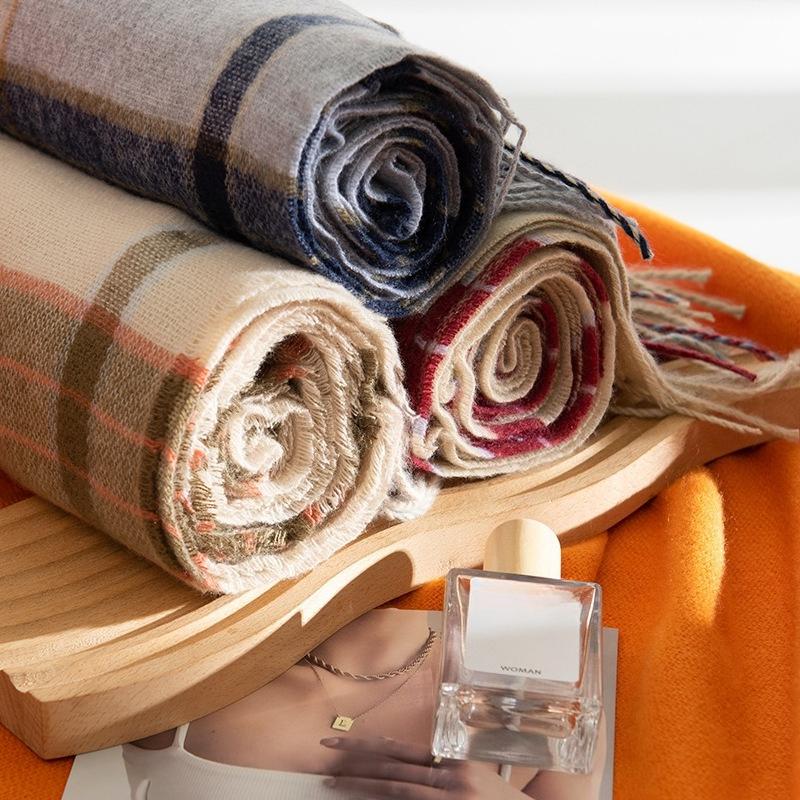 Winter New Plaid Scarf Printed Tassel Imitation Cashmere Scarf Fashionable Sweet Shawl Mid Length Thick Warm Scarf