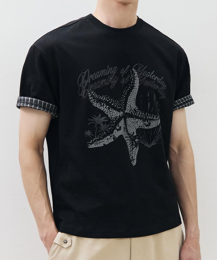 Ledeoli [Crop] Ocean Haze Roll-Up Short Sleeve T-Shirt [Black]