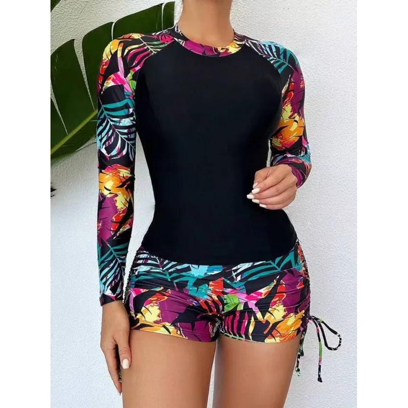 New 2025 Ladies Long Sleeve Printed Bikini Set Separate Tankini Swimsuit Women Fashionable Patchwork Design Swimming Costume