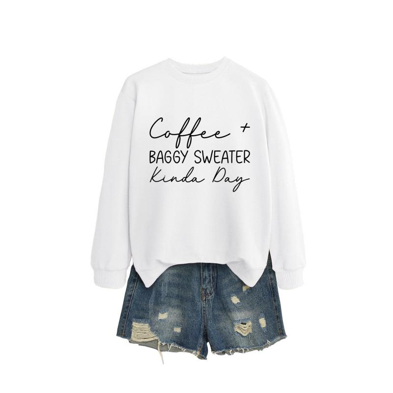 Womens Oversized Round Neck Long Sleeve Cotton Blend Casual Sweatshirt With Print - Loose Fit Comfort Top