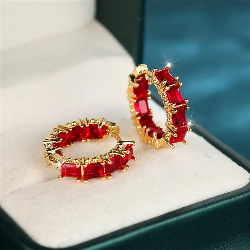 Cute Female Red Zircon Stone Square Hoop Earrings For Women Charm Female Gold Color Wedding Jewelry Gift