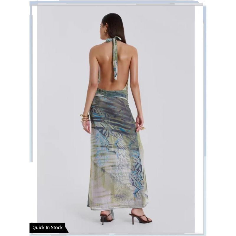 Jaded London Sex Sexy Sense Retro Print Beaded Low Cut Deep V-neck Backless Vacation Halterneck Long Dress