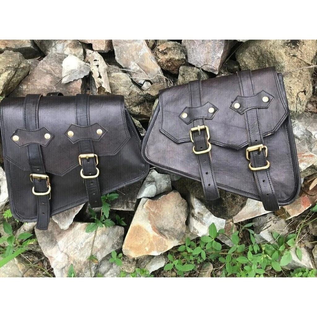 Side Pouch Motorcycle Saddle Panniers Saddlebags 2 Bags Handmade Black Leather