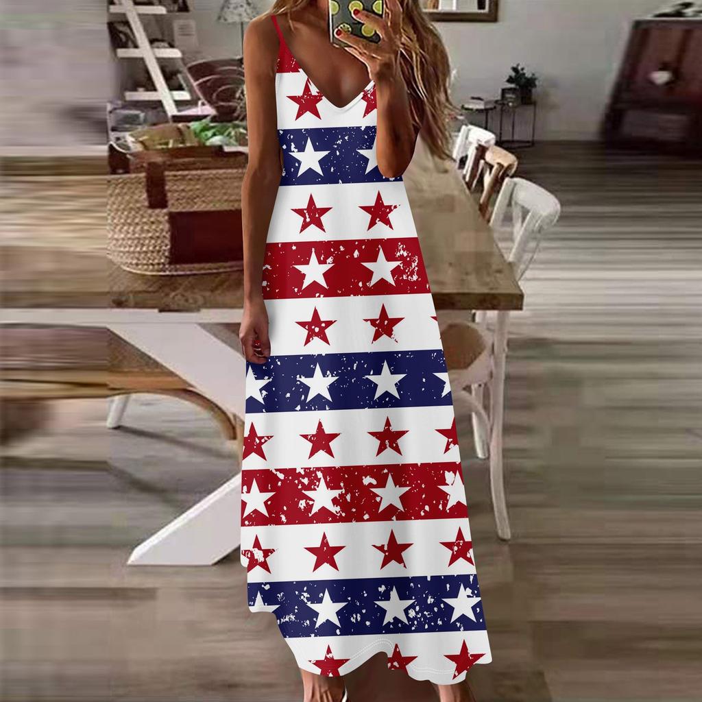 Women's Loose Independence Day Casual Slim V-neck Color Imitation Cotton Fashion Overalls Skirt