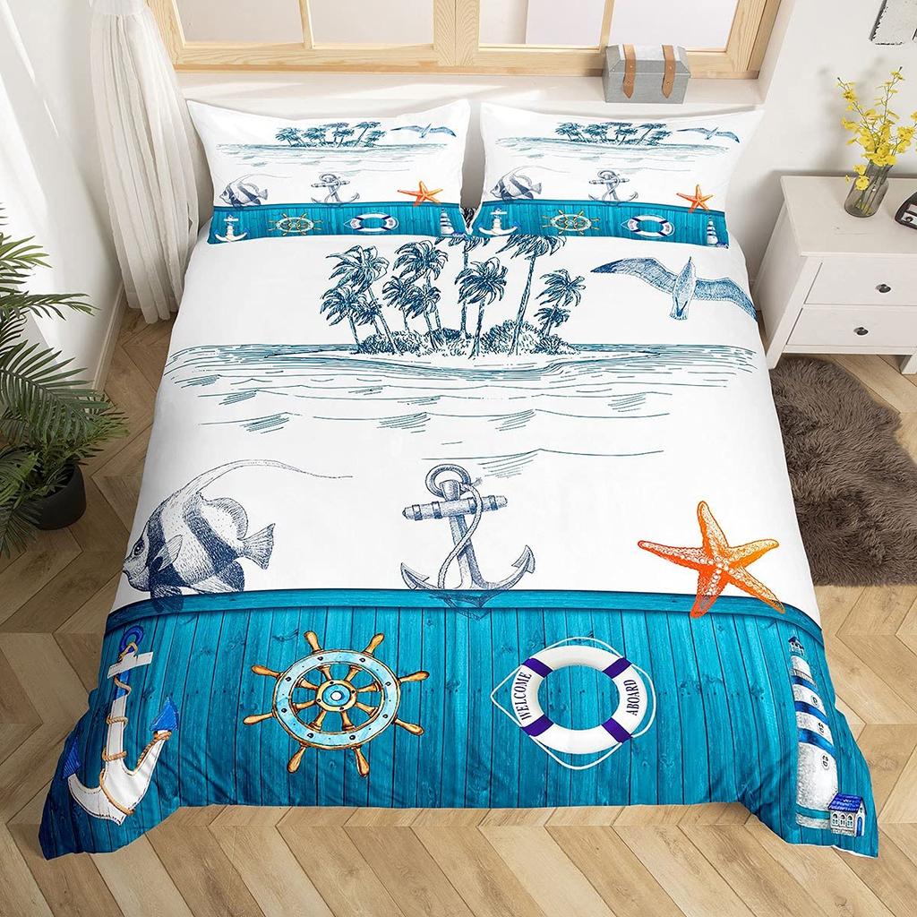 Nautical Anchor Duvet Cover Set Vintage Sail Boat Lighthouse Bedding Set Conch Starfish Seashell Ocean Wave Comforter Cover King
