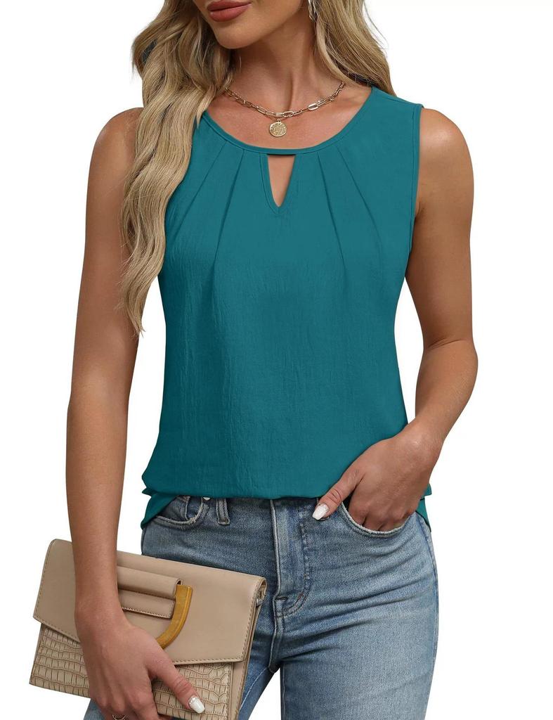 2025 Summer Women's Pleated Solid Color Sleeveless Hollow Out T-shirt Vest