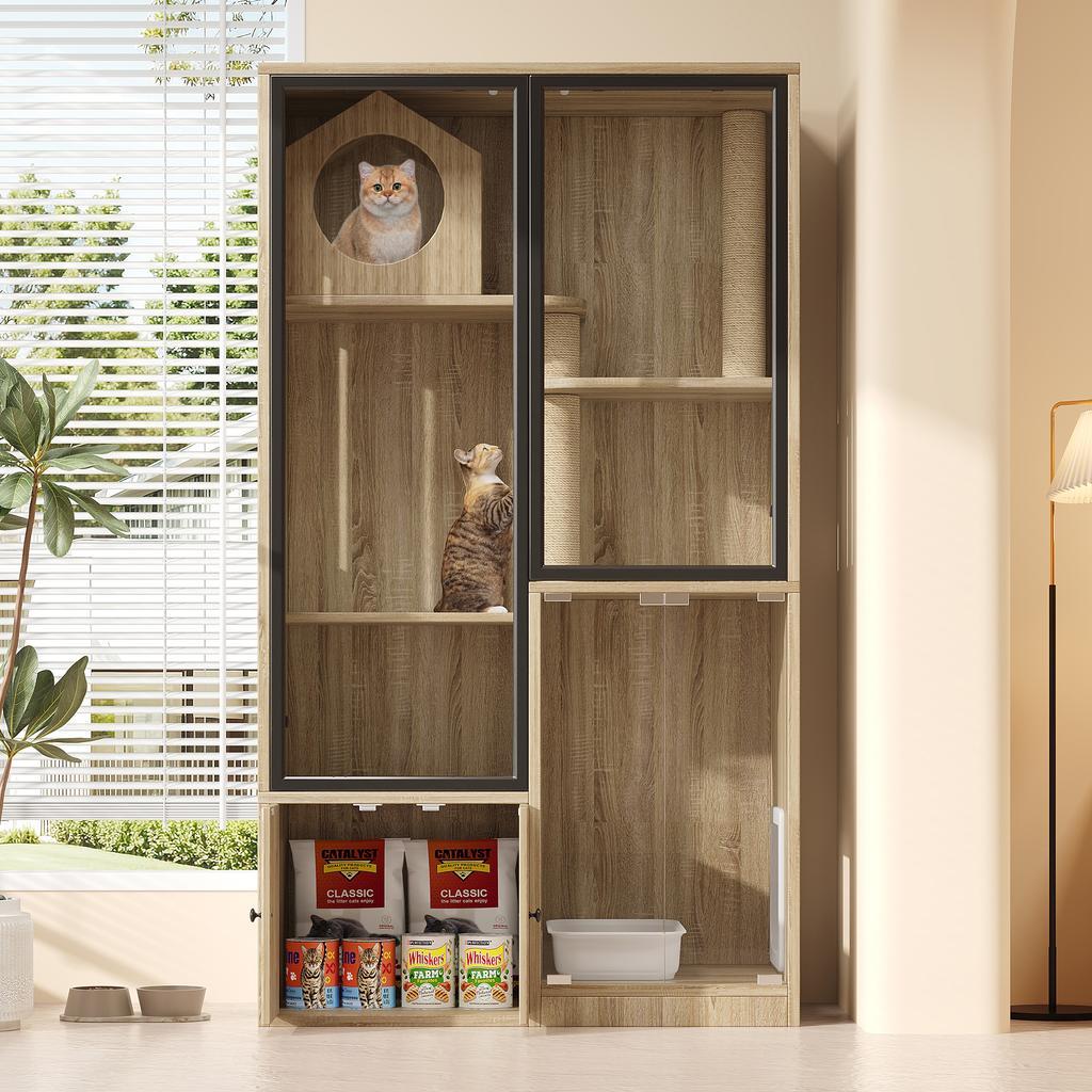Cat Villa, Indoor Cat House, Chinchilla Cage, with Small Entry and Exit Door (Lockable), Wood-Colored, 90 x 50 x 160 cm, without Cat Litter Box