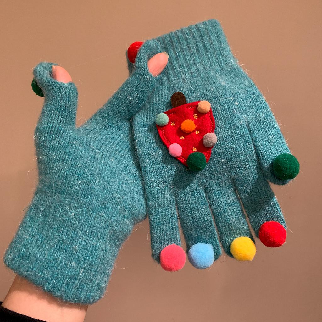 Cute Creative Red Christmas Tree Knitted Gloves for Women Winter Five Finger Warm Plush Windproof and Cold Proof Cycling Christmas