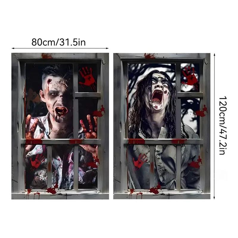 2-Piece Halloween Zombie Ghost Decor Bloody Window Scary Backdrop Outdoor Horror Hanging Cloth Spooky Party Supplies