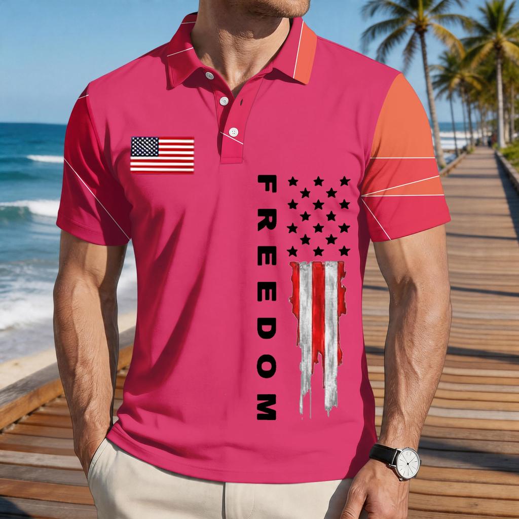 Men's Loose Fit Casual Polo Shirt Short Sleeve Button Down Collar Printed Graphic Tee with Flag Design and Freedom Text