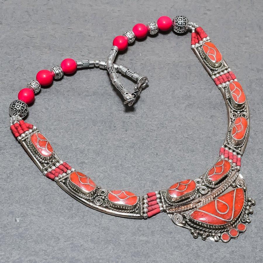 Tibetan Nepal Necklace Natural Red Coral 18" Chunky Ethnic Boho Jewelry NN 738