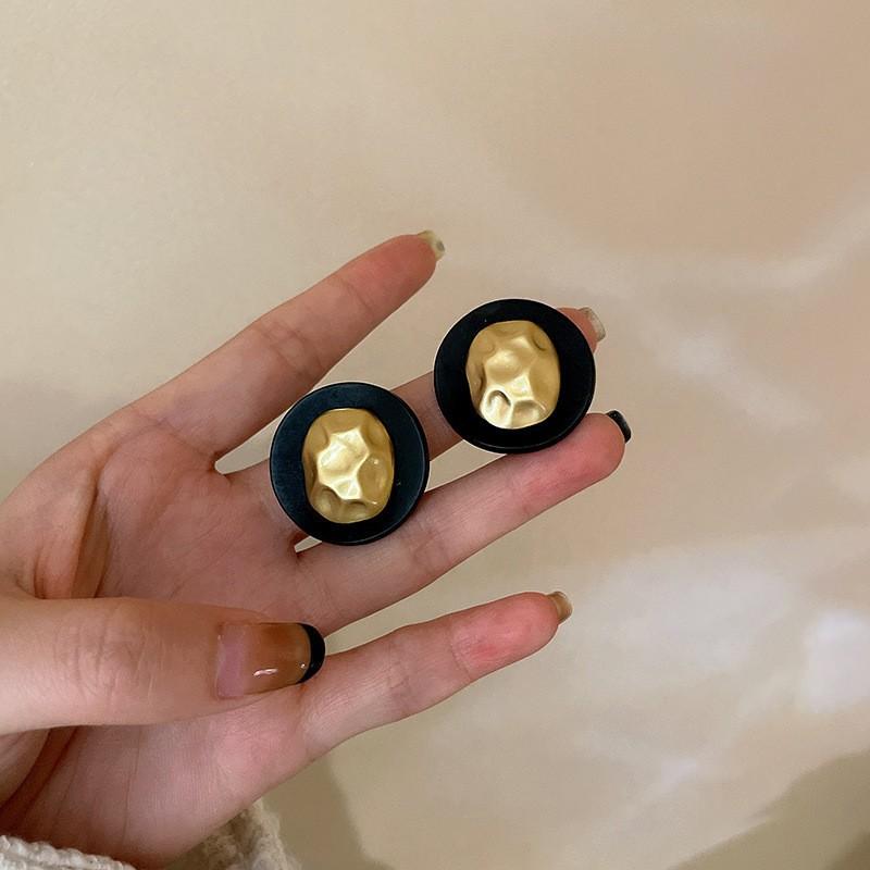 Silver needle checkerboard earrings fashion retro temperament high-end earrings Korean black bow stud earrings women