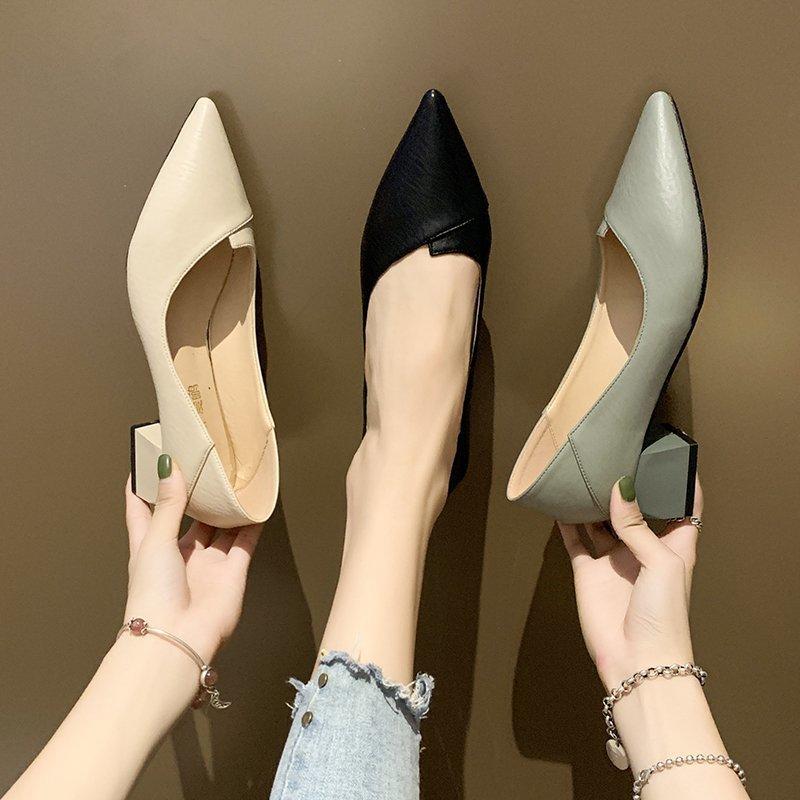2025 autumn new pointed high heels women's daily artificial PU shallow mouth cuff thick heel single shoes women