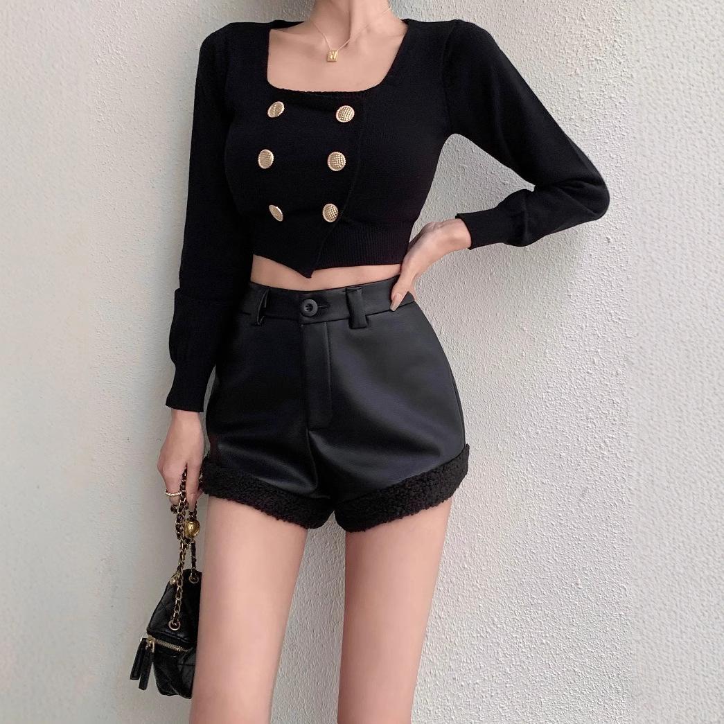 

Women s High-Waisted PU Leather Patchwork Fur Trim Shorts - Autumn/Winter Casual Slimming Style M света кофе