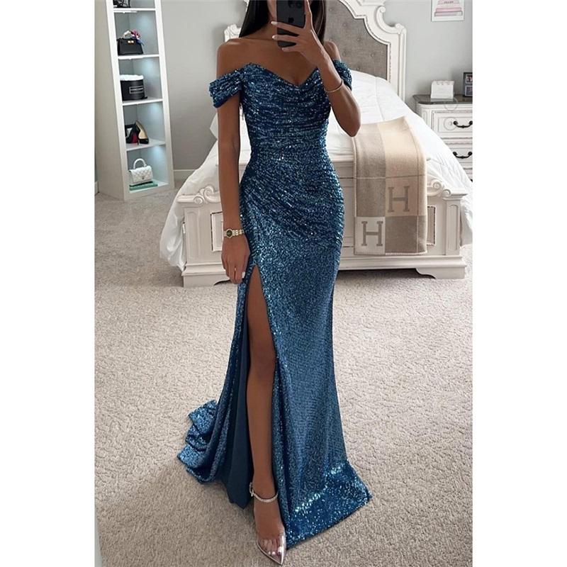 Ladies Party Sequined One-neck Split Dress Summer New Casual Sleeveless V-neck Sexy Elegant Long Skirt