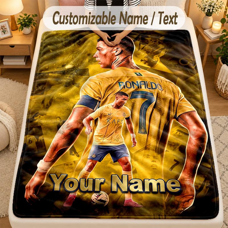 Flannel BlanketCristiano Ronaldo Custom Name Text Personalized Soft Warm Throw Blanket Home Decor Gift