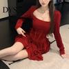 Solid Color A-line Dress Women Square Neck Pleated Long Sleeves Slim Waist Velvet Party Mini Prom Banquet Short Fall Spring Princess