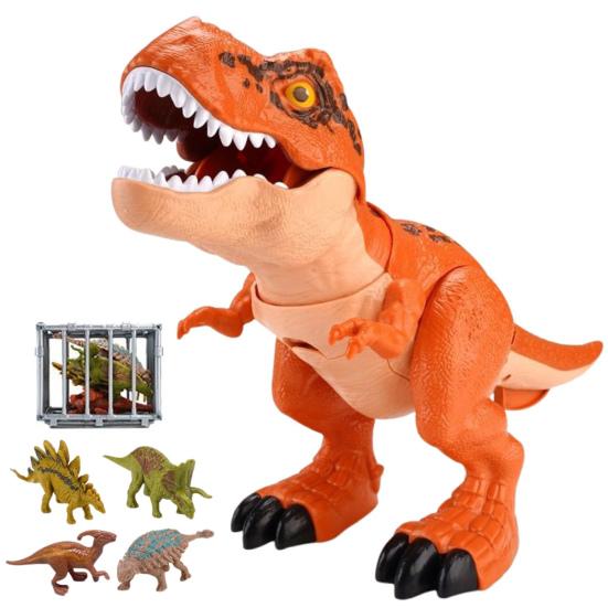 1 Set Swallowing Roaring Dinosaur Toy with Cage Movable Mouth Swing Tail Kids Tyrannosaurus Rex Action Figure Realistic Dino Model Toddlers Boys Girls