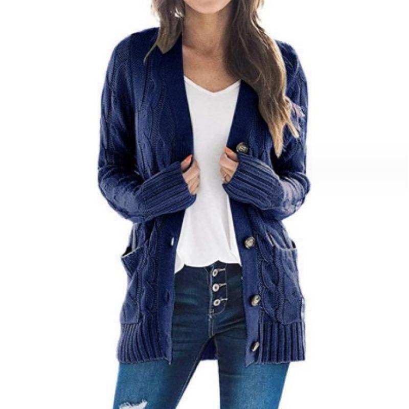 Women Knitted Cardigan Sweater Autumn Winter V-Neck Button Long Sleeve Sweaters Coat Casual Pockets Solid Femme Knitwear Coat