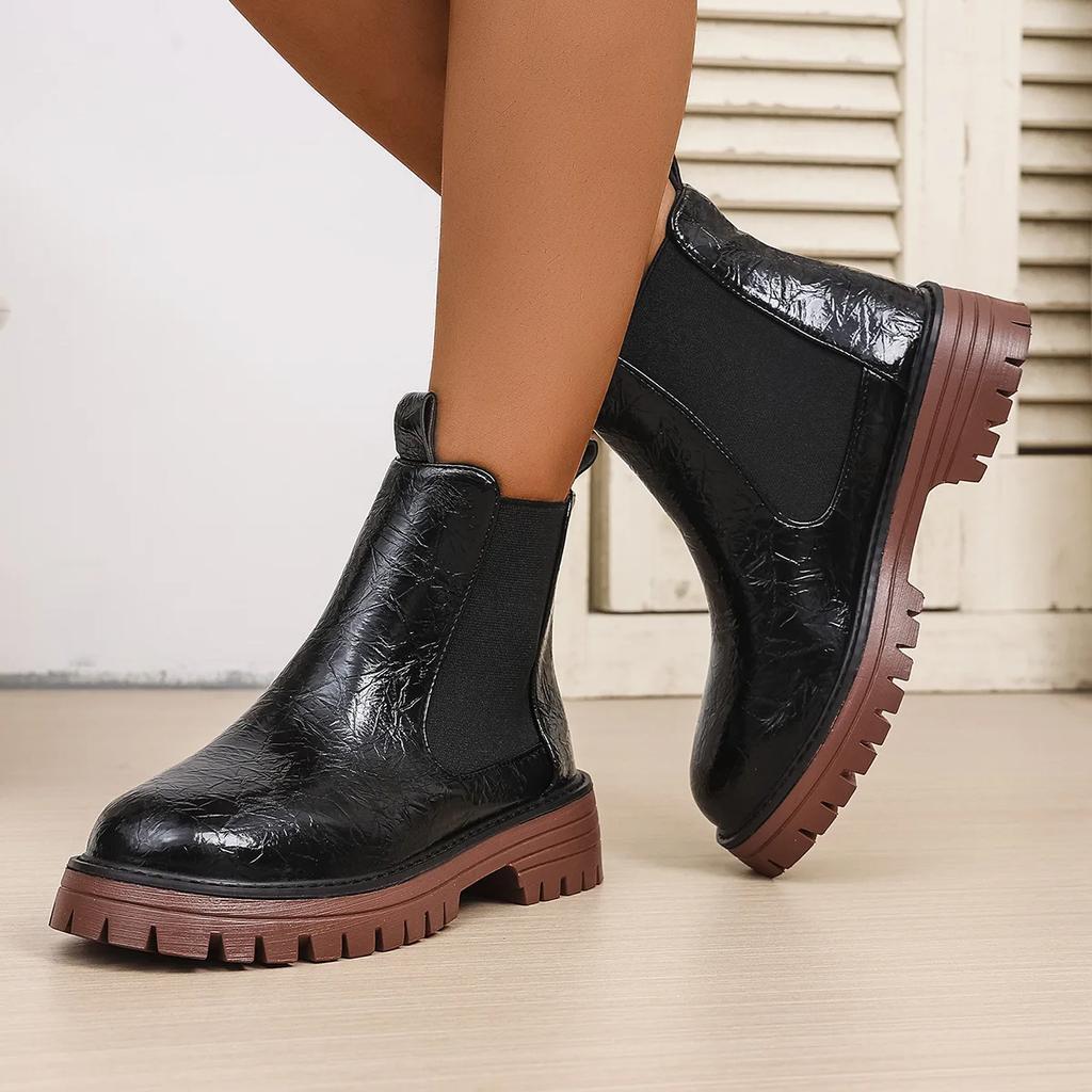Women's Chelsea Boots Thick Platform Ladies Round Toed Slip On High Top Shoes Classic Winter Mid Heels Women Ankle Boots