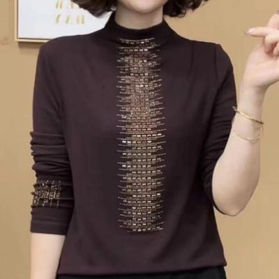 Camiseta básica de cuello semi-alto para mujer, nueva para primavera y otoño, de corte ajustado, versátil, de manga larga, con interior de terciopelo a doble cara