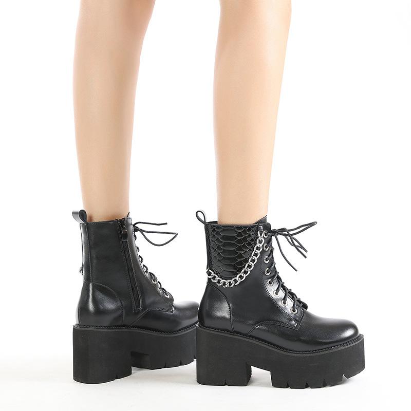 

Side Zipper Martin Boots Front Lace-Up Metal Chain Women s Locomotive Boots 35 чорний
