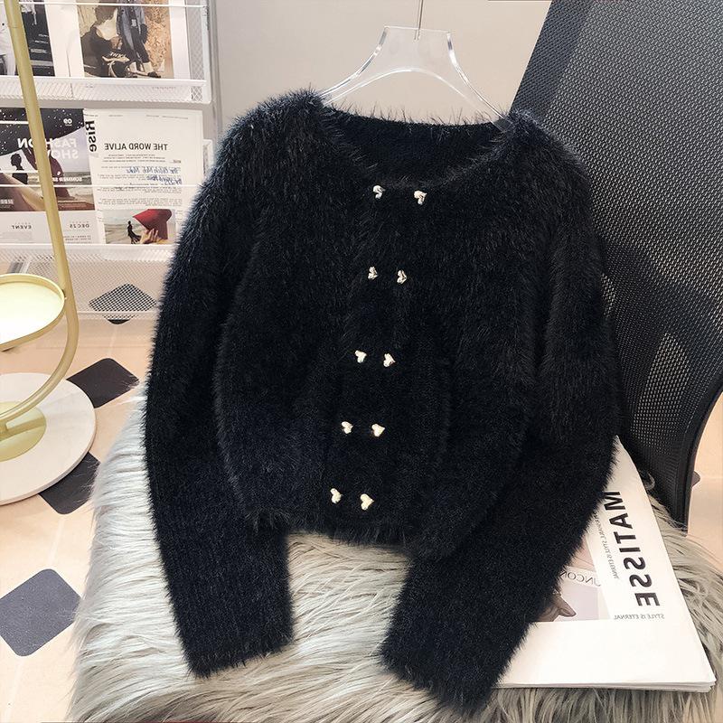 Cardigan double boutonnage en velours vison pour femme - Automne/Hiver 2025, Court à col rond Style Little Coco.
