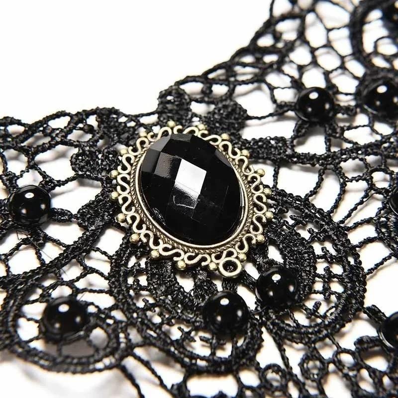Fashion Vintage Gothic Choker Necklace Black Lace Beaded Collar Steampunk Style Layered Gemstone Pendant for Women Jewelry