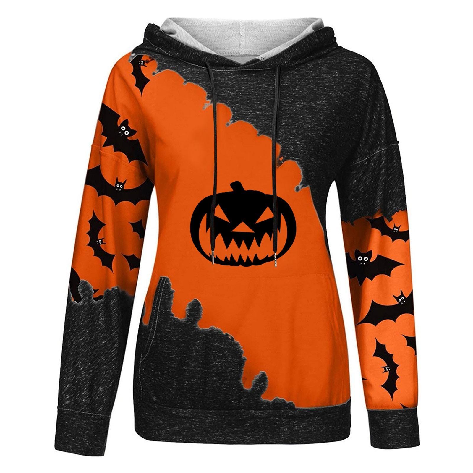 Женский повседневный модный пуловер с длинным рукавом и принтом Хэллоуина с капюшоном — фото 5
