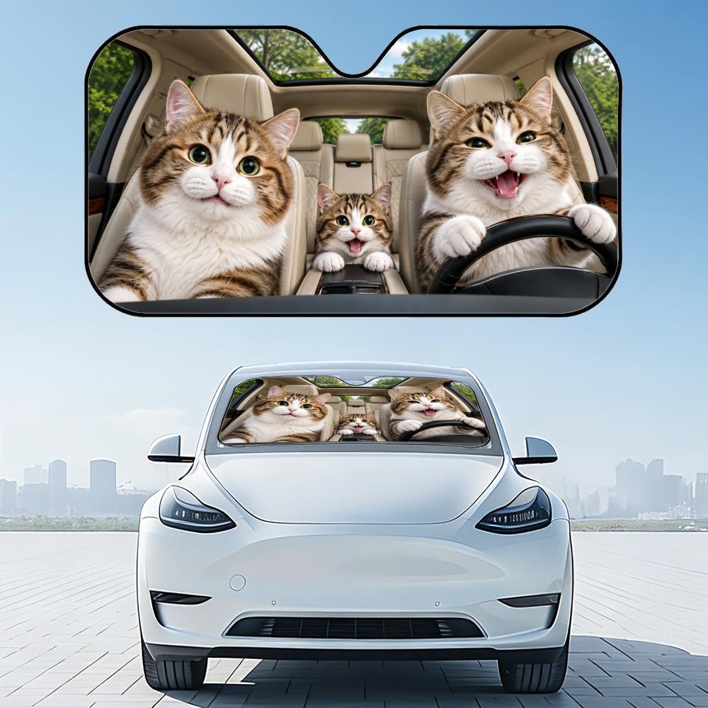 Cute The cat is driving Sun Visor Foldable Aluminum Foil Car Windshield Sun Shade - UV Protection Heat Insulation VisorWindshield Sunshades 1