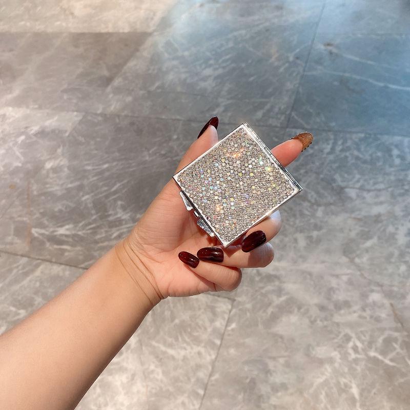 Rhinestone Double-Sided Portable HD Makeup Mirror - Folding, Handheld, Mini Student Touch-up Mirror