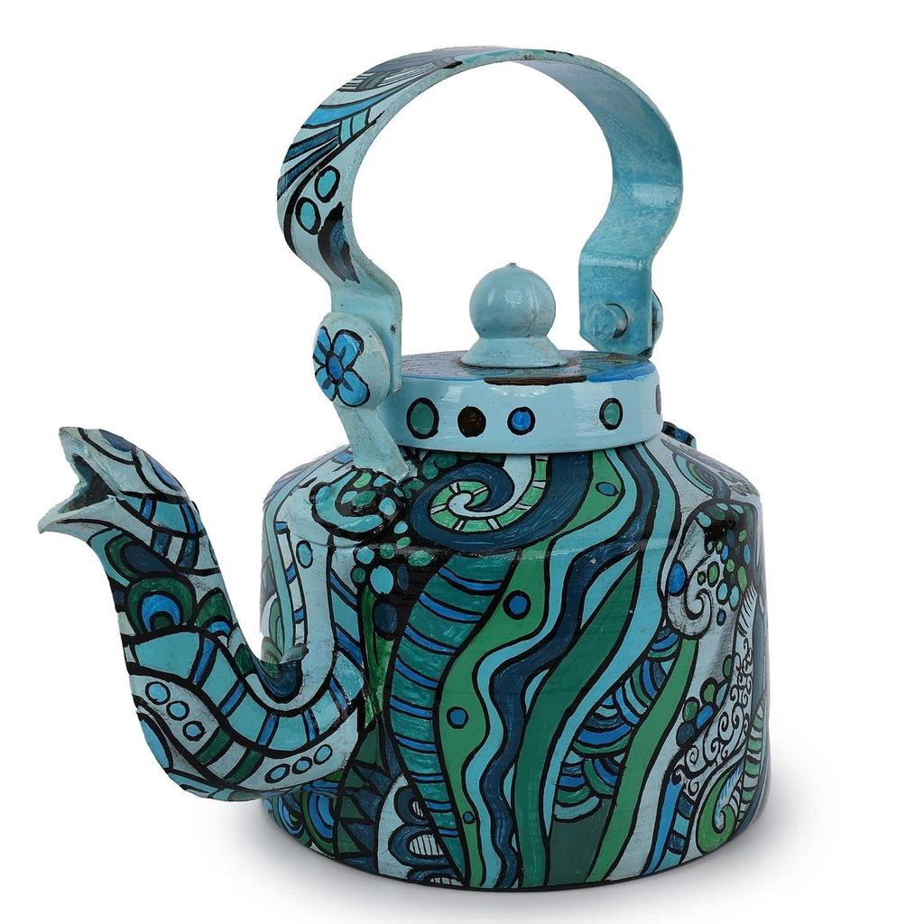Handpainted Aluminium Decorative Kettle | Turquoise & Blue Abstract Art Print