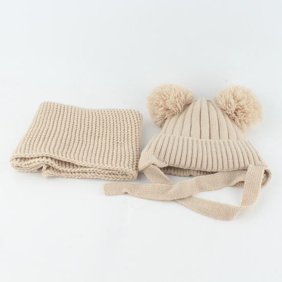 2Pcs/Set Children Winter Hat Scarf Set Plush Ball Decor Solid Color Plush Lining Knitting Hat Warm Neckerchief Set