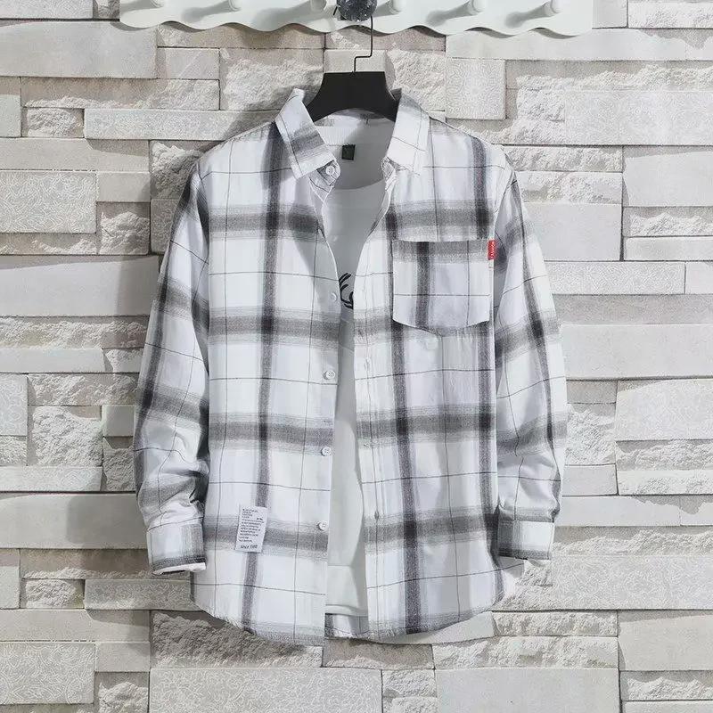 Plaid Men's Long-Sleeve Shirt - Trendy Korean Hong Kong Style