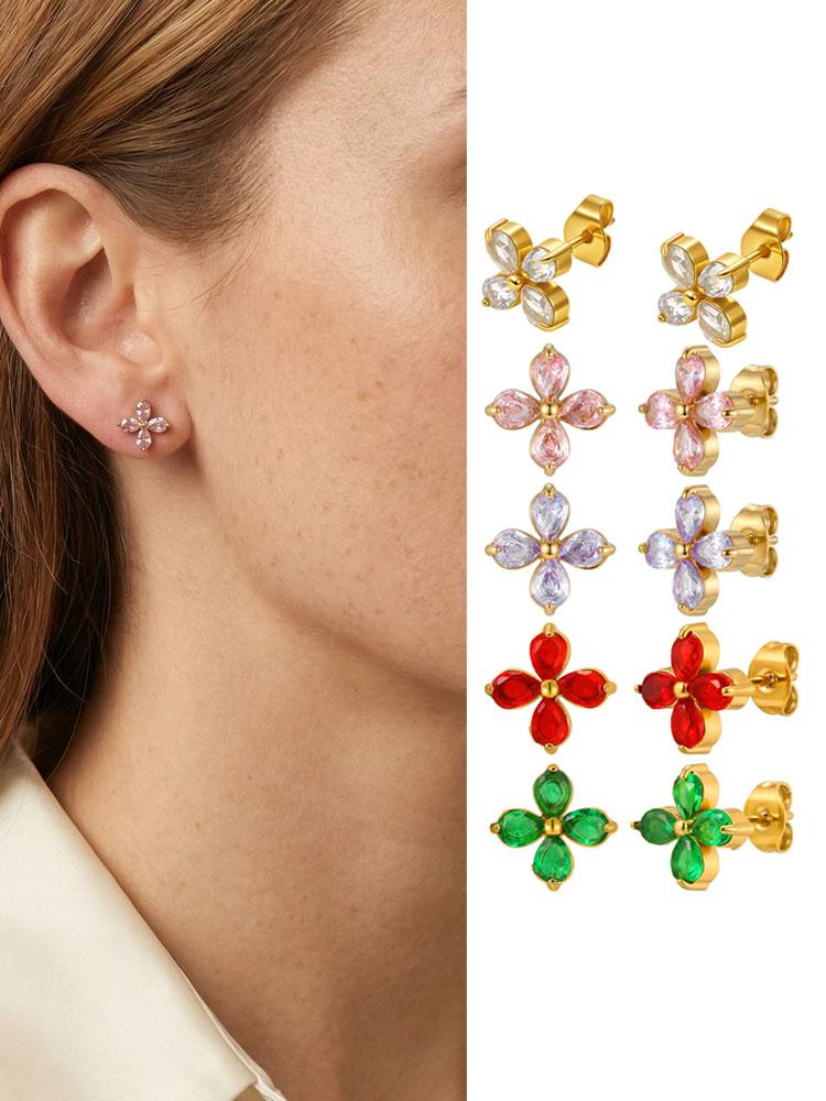 Stainless Steel CZ Stone Clover Flower Stud Earrings for Women Cartilage Ear Piercing Zircon Aros