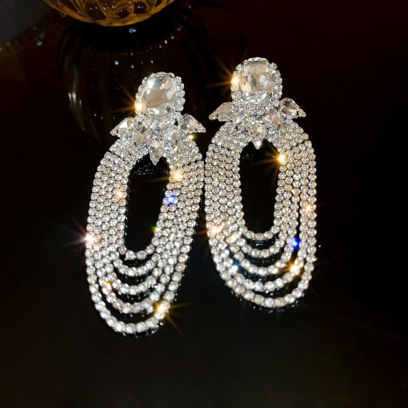 Silver Needle Diamond Flower Water Drop Tassel Earrings Exaggerated Earrings Light Luxury Premium Earrings Women