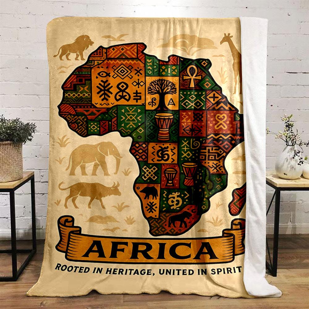 African Map Filled with Traditional Symbols, Patterns, and Cultural Motifs. for All Seasons Blanket Lunch Break Throw Gift