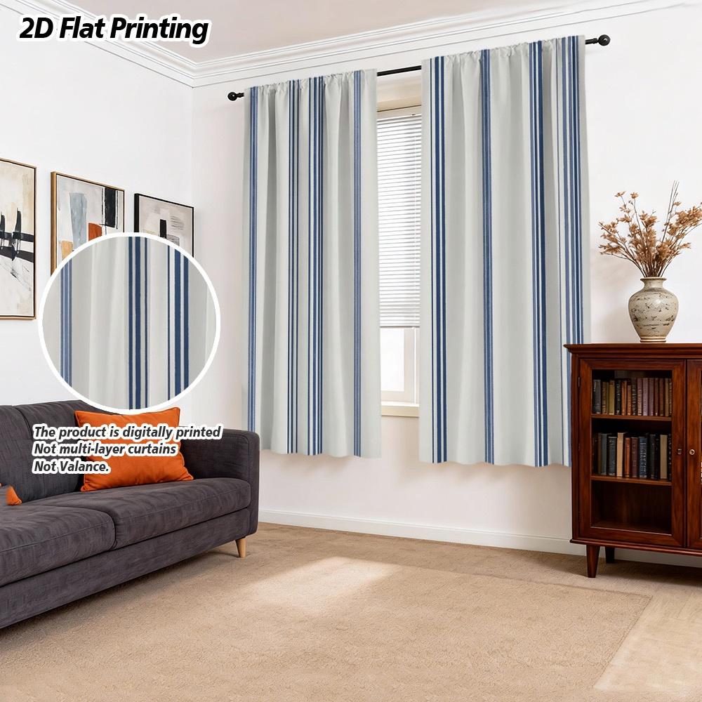 2-piece Set of Blue and White Striped Curtains with Pole Bag Design, Suitable for Bedrooms and Living Rooms