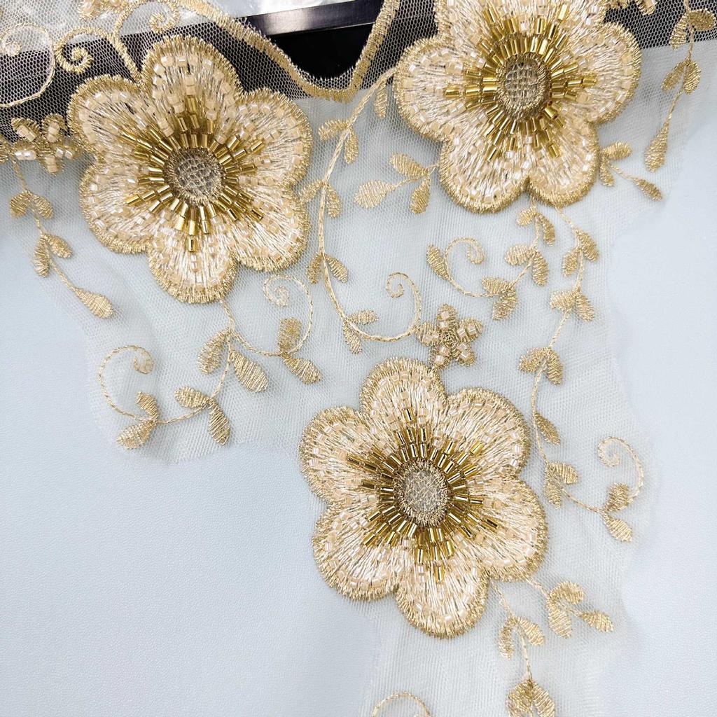 Gold V-Neck Handmade Beads Three-Dimensional Embroidery Flower Cloth Sticker Clothing Cheongsam Dress Decorative Accessories Cloth Sticker Accessories