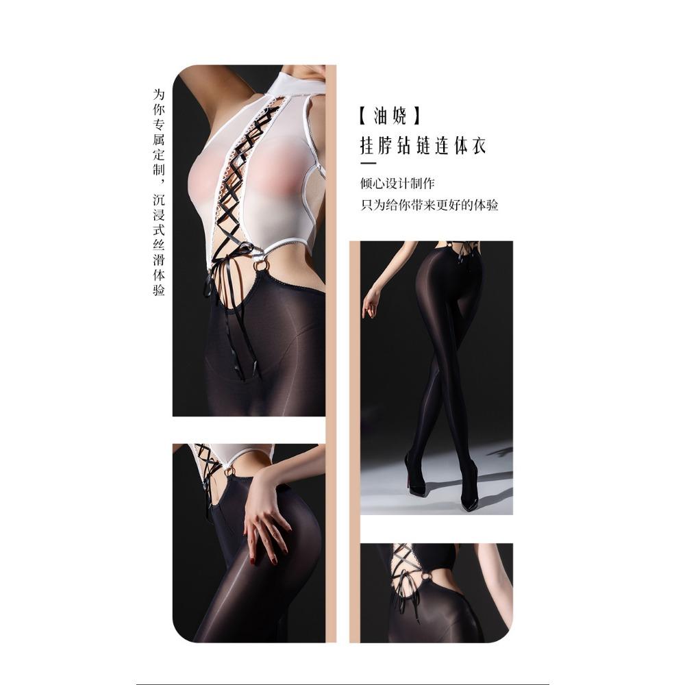 Qing Homer Oil Onesie Oily Sexy Black Stockings Sexy Cross Strap Seduction Crotch Drill Chain Uniform Underwear