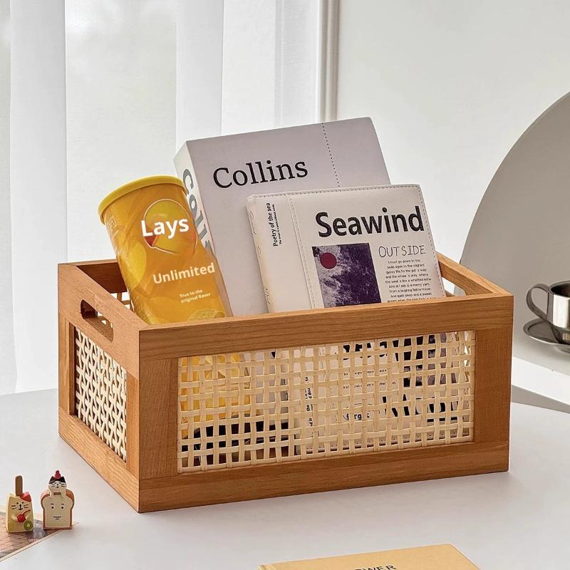 Retro Solid Wood Storage Box with Rattan Accents - Multifunctional Desktop Organizer for Home, Kitchen & Bathroom