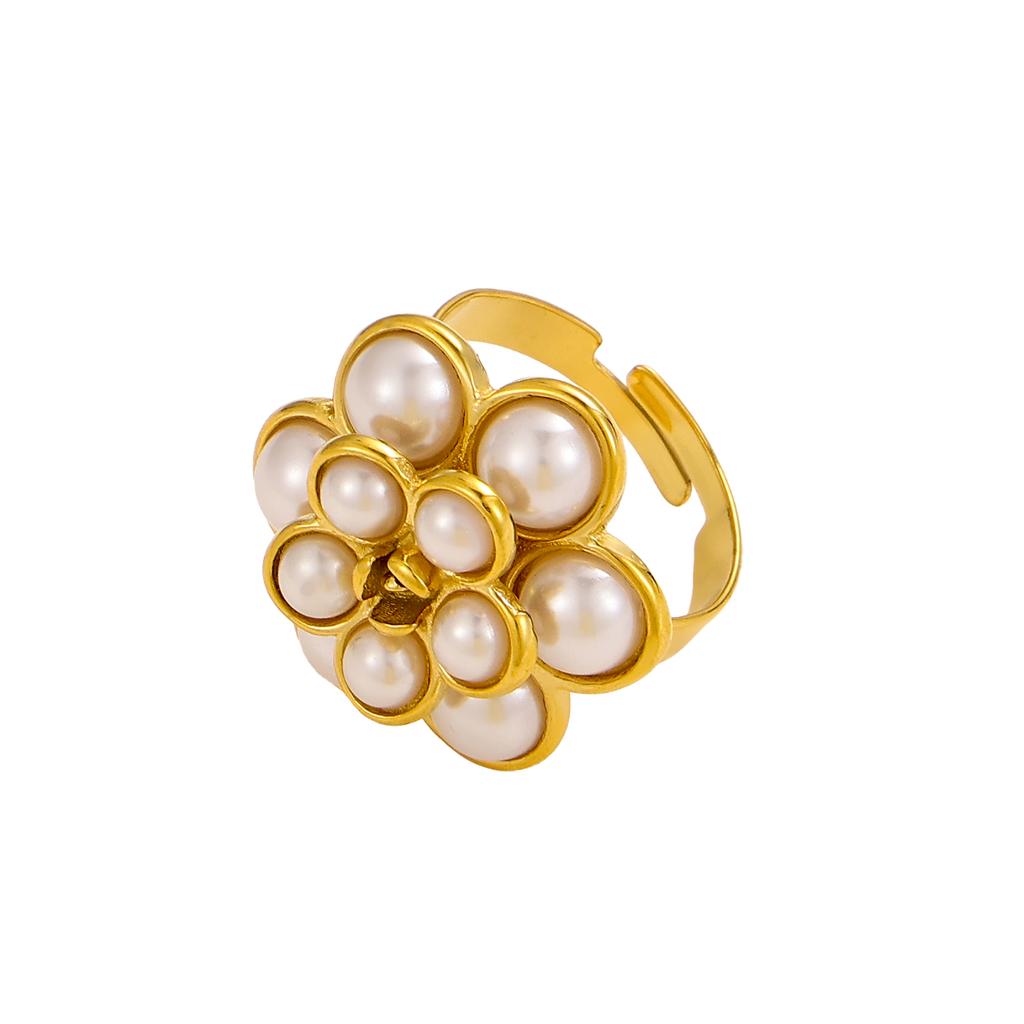 CARLIDANA New Gold-Plated Stainless Steel With Pearl Rings Jewelry Women Zircon Flower Butterfly Leaf Rings Adjustable Fashion