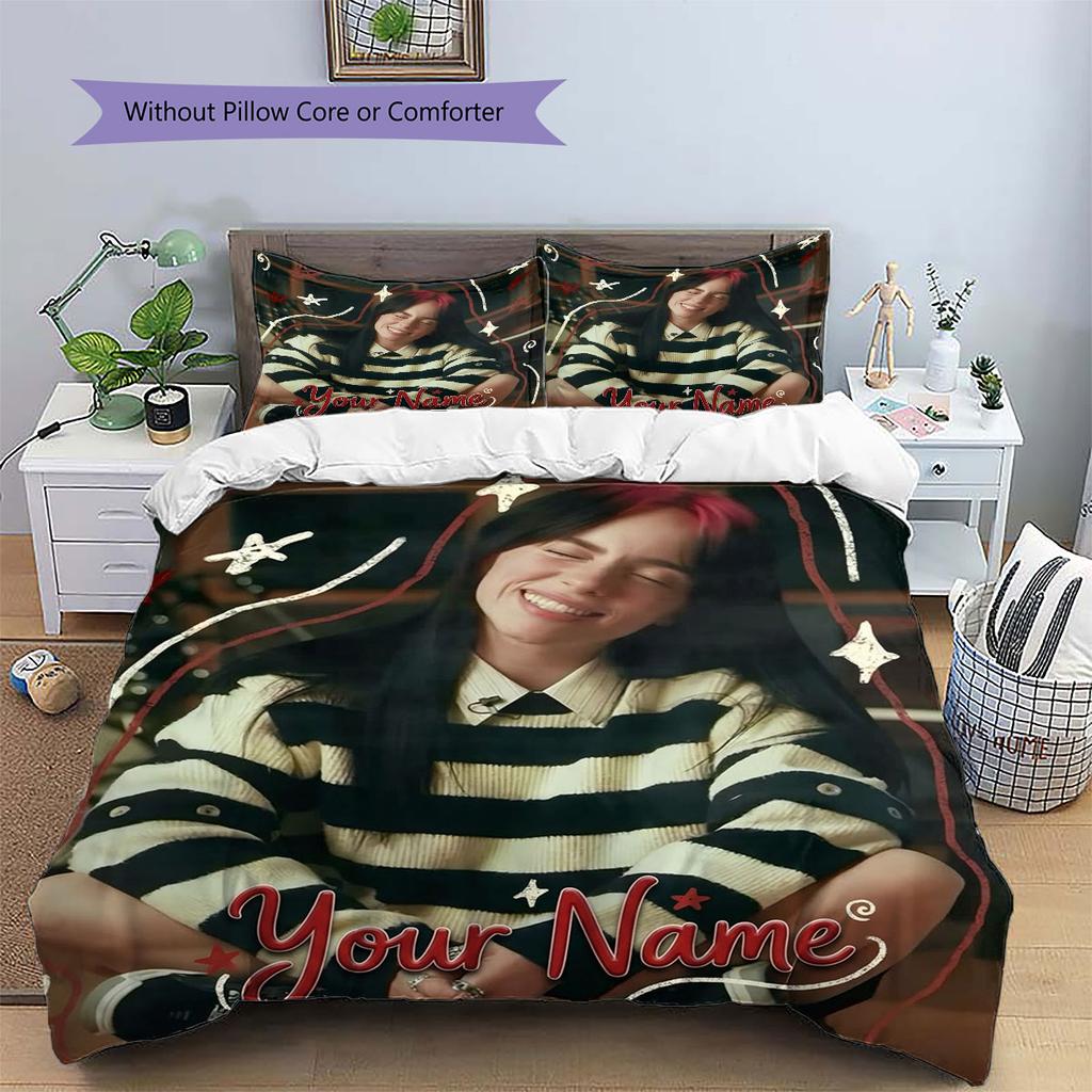 Billie Eilish Custom Name Pattern Bedding,Quilt Set Quilt Cover Pillowcase Home Birthday Gift(1 * Duvet Cover + 2 * Pillowcase, Without Core)